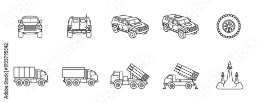 Military vehicle and weapon line art icons featuring an armored car, transport truck, missile launcher, and a heavy-duty tire in a simple black outline vector illustration set