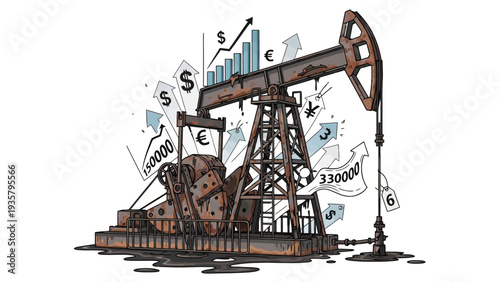 Oil Pumpjack with Currency Symbols.