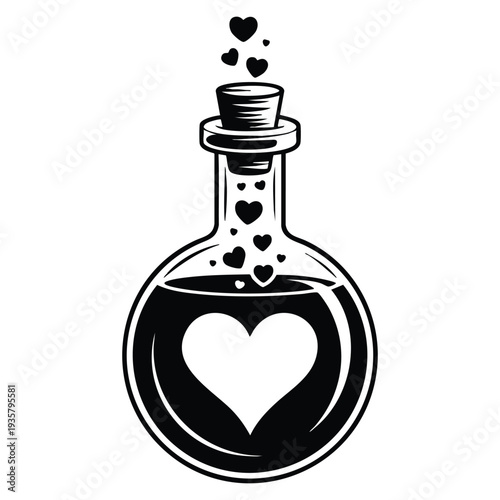 Hand drawn vector illustration in black and white of love potion bottle with floating heart bubbles ideal for romantic design and fantasy concept