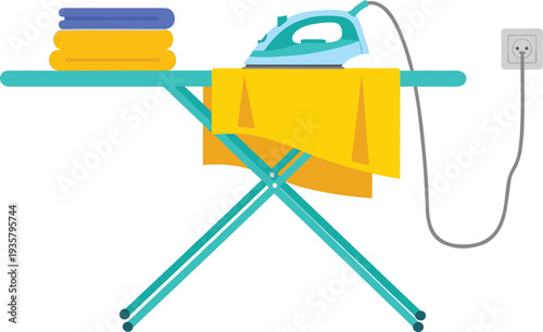Ironing board with electric iron and folded clothes household vector illustration