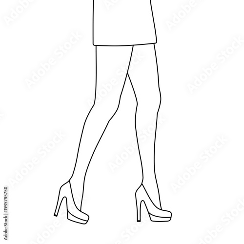 Thin line art of female legs wearing shoes and skirt in walking motion.