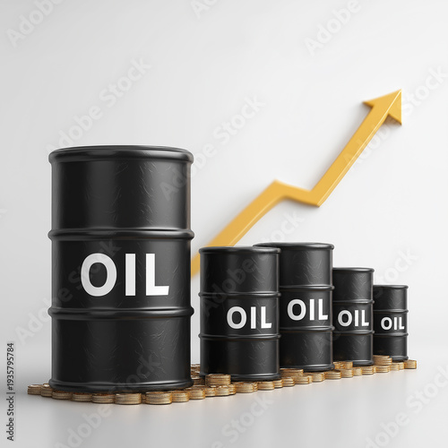 Oil barrels arranged in rising steps with a growing yellow arrow symbolizing increasing market prices. White background.