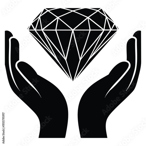 Hands holding diamond icon representing value quality premium wealth luxury jewelry expensive concept business success treasure investment symbol design