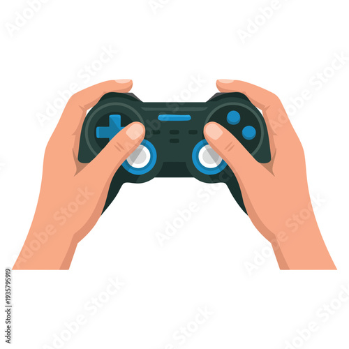Hands holding a game controller playing a video game illustration, dynamic gaming concept ideal for esports entertainment and interactive media themes
