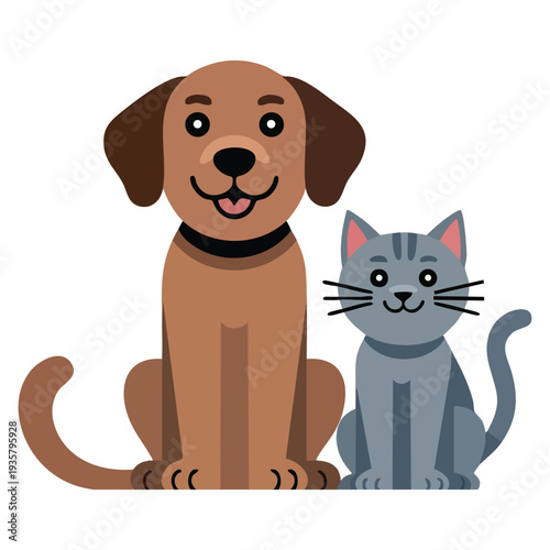 Happy brown dog and cute gray cat sitting together in adorable companionship as best friends, charming animal design illustration
