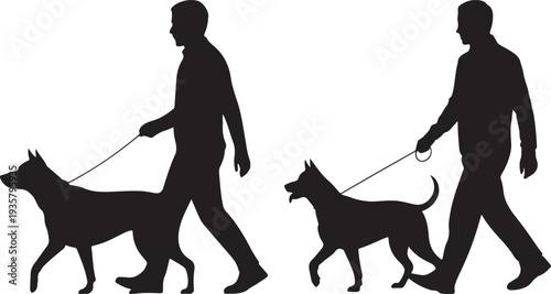 Two black silhouettes of a person walking their dog on a leash in a side profile view on white