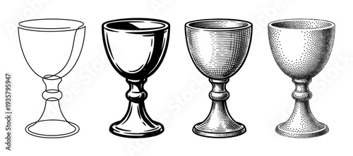 Four vintage style goblet illustrations showing different artistic techniques like continuous line art, hatching, stippling, and solid ink for a classic hand-drawn look