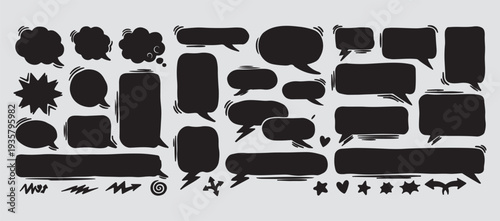 The image displays a collection of various hand-drawn speech bubbles and thought clouds in different shapes and styles. speech bubble comic