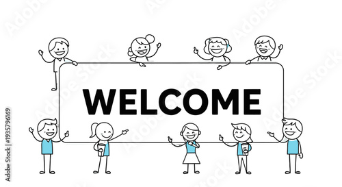 Simple doodle illustration of children holding a welcome sign.