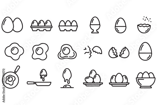 A set of black line icons depicting various egg related illustrations