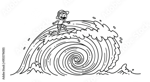 Surfer riding a massive ocean wave with a spiral curl.