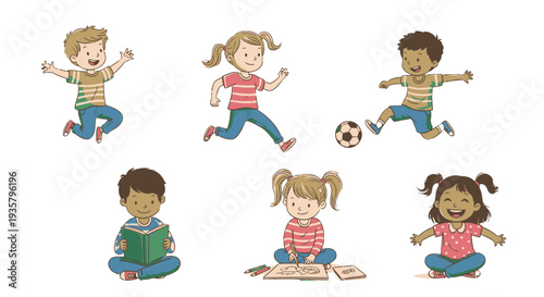 Group of children playing and reading together happily.
