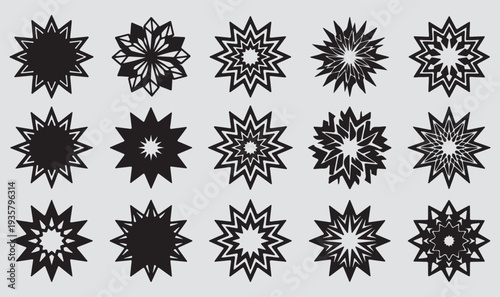 The image displays a collection of 15 black abstract radial icons or geometric flower motifs on a light grey background. These types of designs are often used as graphic elements speech bubble comic