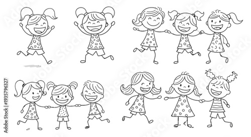 Collection of Hand-Drawn Cartoon Girls Holding Hands in Various Combinations.