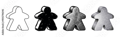 Four board game meeple figures illustrated in a set of different artistic styles including outline, sketch, hatching, and stippling, showing a progression of graphic techniques