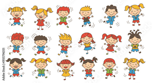 Collection of diverse cartoon children running and playing together.