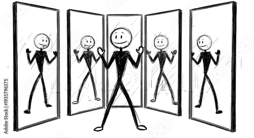 Stick figure surrounded by multiple reflections in mirrors.