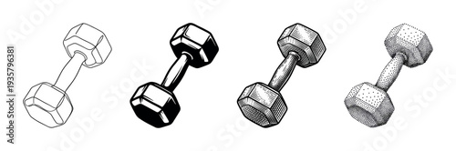 Set of four hexagonal dumbbells illustrated in various black and white graphic styles including line art, solid silhouette, vintage engraving, and stippling dotwork