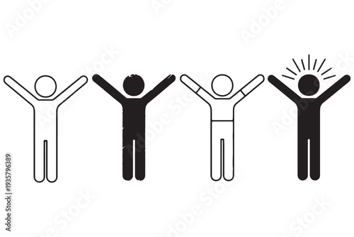Four stick figures with their arms raised in celebration on a white background