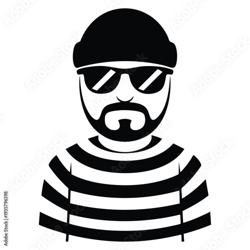 Hat beard mask thief criminal prisioner person man striped vector graphic isolated and flat illustration ideal for crime character and cartoon themed design