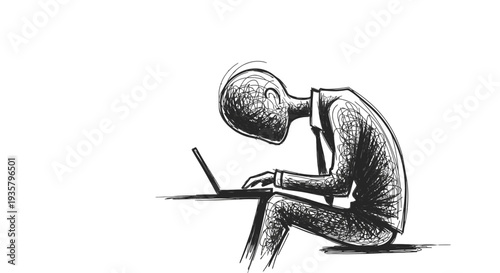 A stressed businessman sitting on the floor with a laptop.