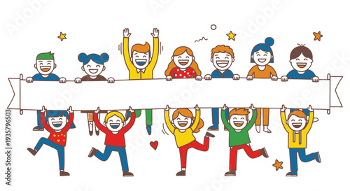 Children holding banner with copy space for text.