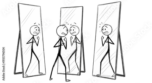 Stick figure man admiring himself in multiple mirrors.