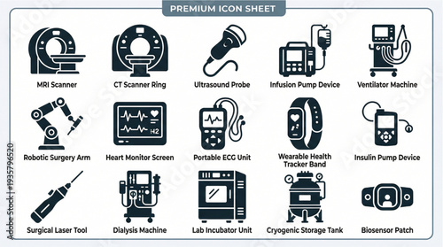 Medical equipment icons collection for healthcare and technology industries, including CT scanners, ventilators, and surgical tools