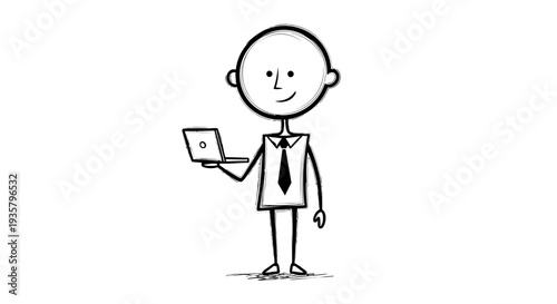 Simple black and white illustration of a smiling businessman holding a tablet.