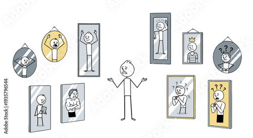 Simple stick figure surrounded by various framed portraits and awards.