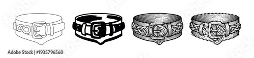 Four historical medieval style belt illustrations showing a progression from simple line art to a detailed engraved and stippled design with an ornate buckle and Celtic knotwork