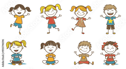 Group of happy cartoon children jumping and playing together.