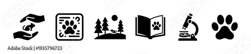 Collection of six black glyph icons for animal science and wildlife conservation concepts, including a paw print, microscope, nature scene, and animal care symbol