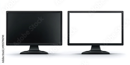 Two flat panel displays, one black, one white, on stands