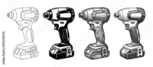 Four cordless impact driver power tool illustrations in a set of different graphic styles including line art, silhouette, engraving, and halftone for technical drawings