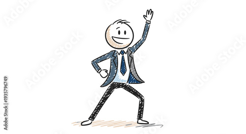 A happy businessman in a suit dancing with a smile on his face.