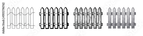Set of four picket fence illustrations showing different artistic styles, including simple line art, bold outline, detailed woodcut engraving, and a stippled effect