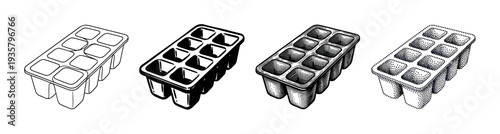 Set of four empty seedling starter trays for gardening, illustrated in various black and white graphic styles including line art, solid ink, engraving, and stippling