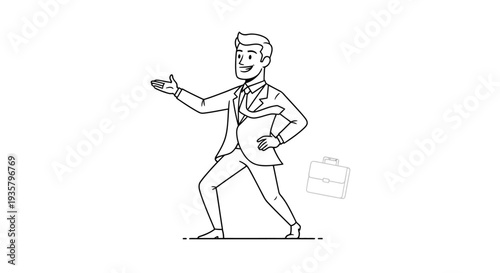 Businessman walking and pointing forward with briefcase.