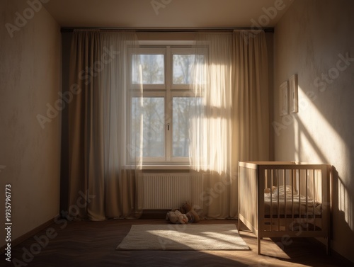 Sunlight streams through window, illuminating quiet nursery. Curtains softly frame the window, casting warm patterns. Wooden crib rests near sunlight's embrace, gentle and calm. Cozy rug lies beneath