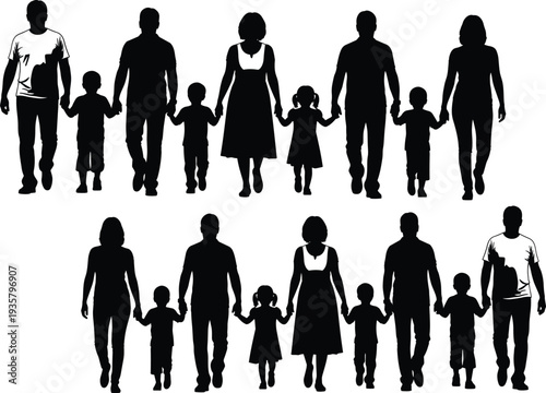 Family walking together silhouettes collection, parents holding children hands, happy family lifestyle concept, people walking vector illustration set