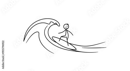 Simple Line Drawing of a Surfer Riding a Wave.