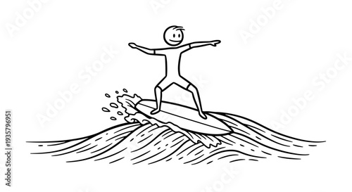 Simple black and white drawing of a person surfing on a wave.