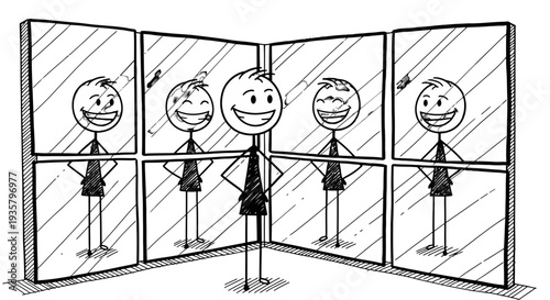 Cartoon character standing in front of a mirror with multiple reflections showing different facial expressions.