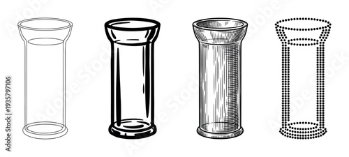 Four tall cylindrical glass illustrations in different artistic styles including line art, bold icon, vintage engraving, and dotted stipple, presented as a collection of graphic design elements