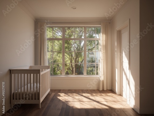 Sunlight streams through large windows. Soft curtains frame a serene nursery view. Wooden floorboards reflect warm, golden light. Crib stands quietly beside the window