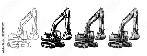 Four excavator illustrations in different artistic styles including line art, silhouette, engraving, and stippling, showing a progression of graphic techniques for construction machinery