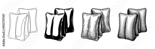 Four sets of chewing gum sticks illustrated in different artistic styles, including line art, solid black, engraving, and stippling, showing a collection of graphic techniques