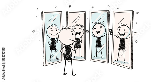 Cartoon character standing in front of multiple mirrors with different reflections.