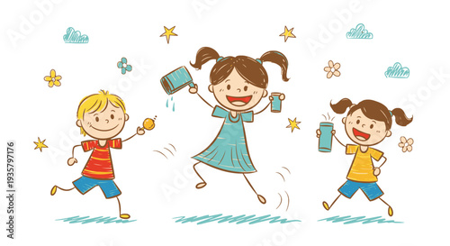 Three happy children running and playing with water pistols.